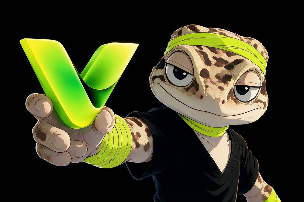 VYRA the gecko, in a black ninja outfit with neon-lime wraps, holds out a glowing green 3D V and smiles with half-closed eyes.